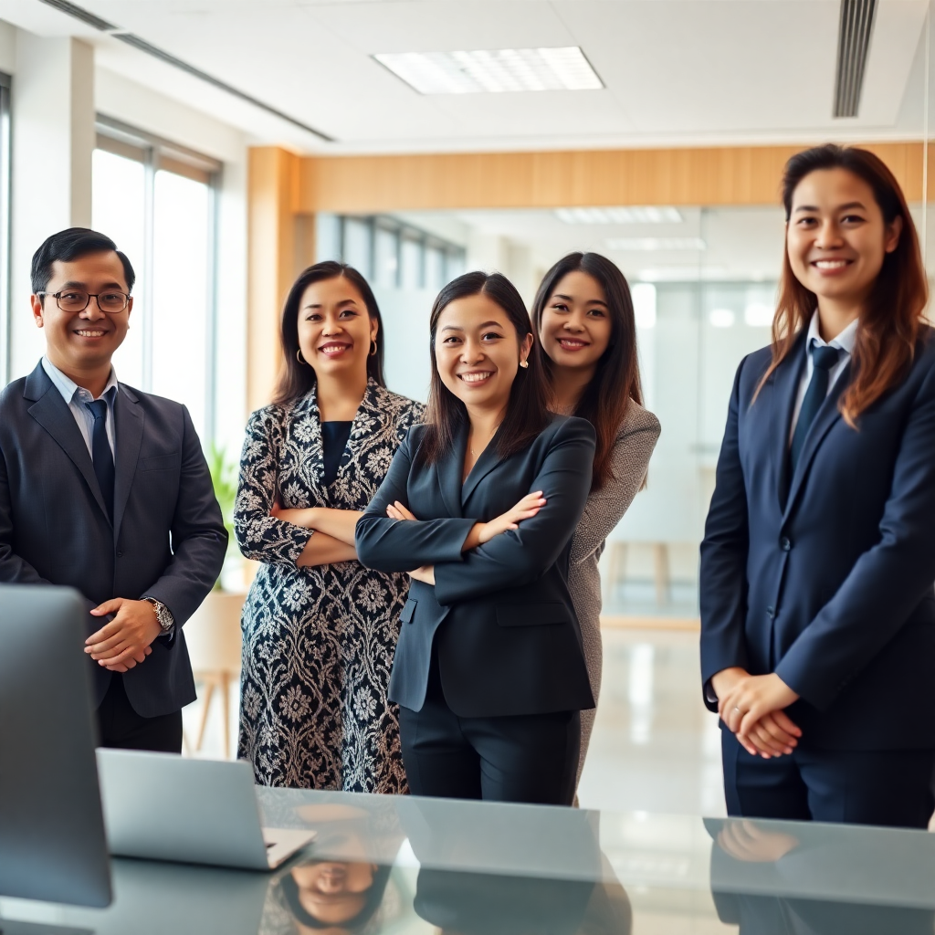 friendly diverse team of professional Malaysian accountants and business consultants smiling in brig