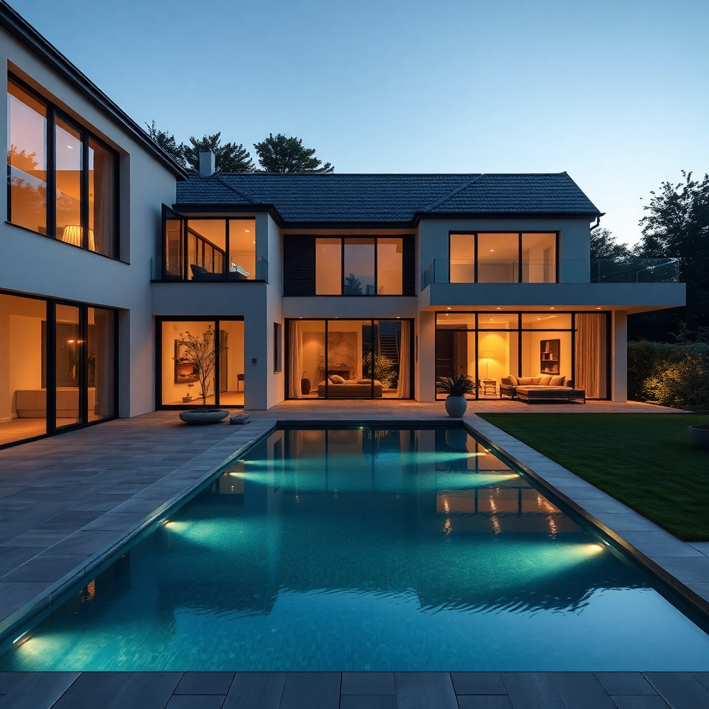 luxury residential villa exterior Poland contemporary architecture swimming pool garden evening