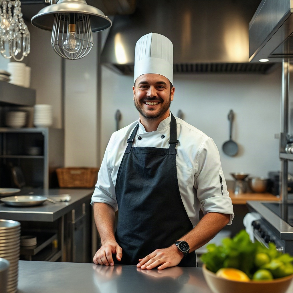 smiling professional chef or service provider in a clean workspace, high-end photography