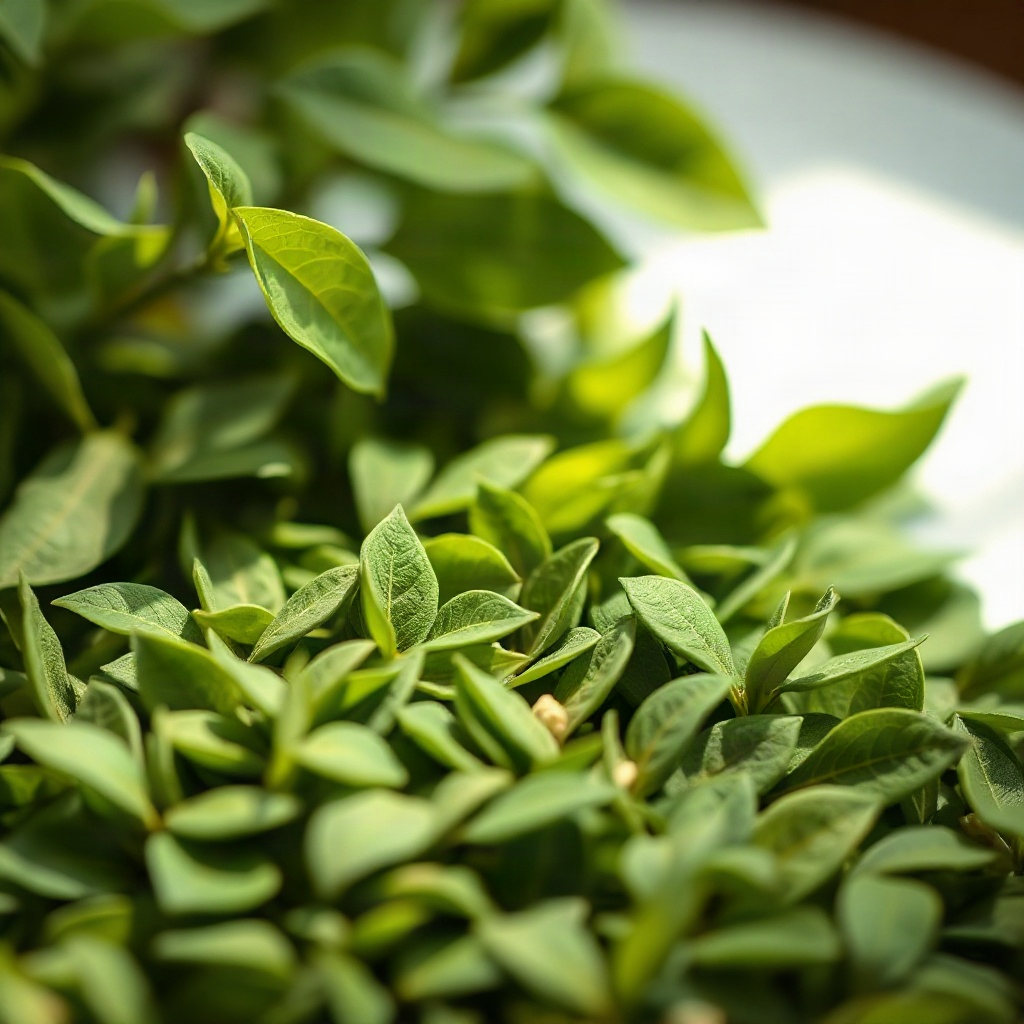 Small circular photo of fresh green tea leaves, bright green, soft natural light, clean supplement p