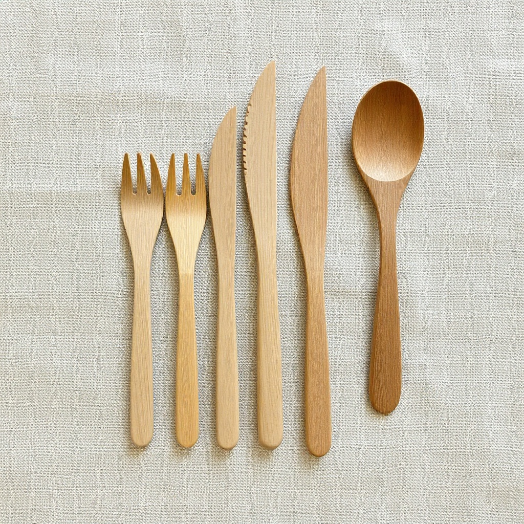 minimalist reusable wooden cutlery set on a natural linen background