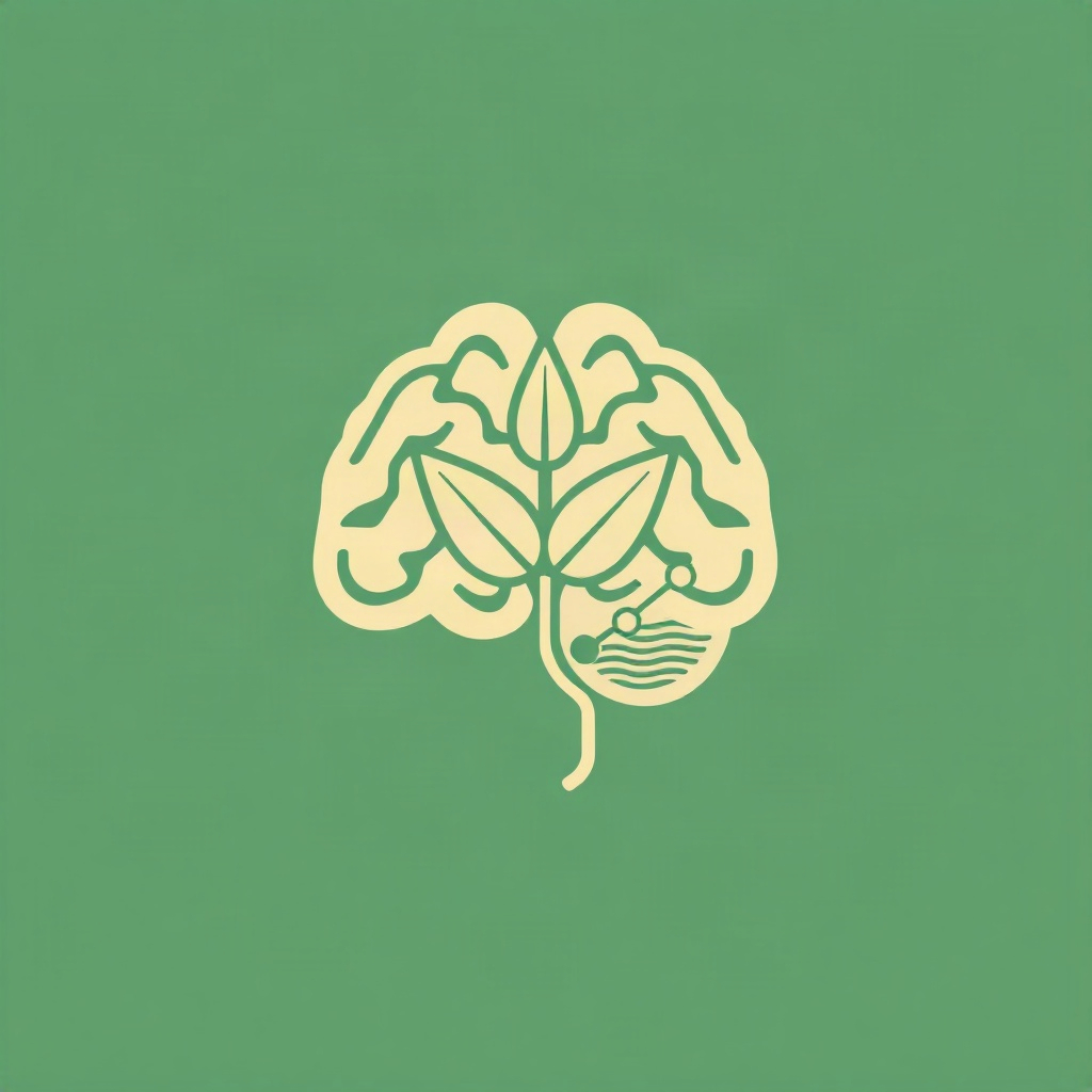 minimalist flat icon illustration of a human brain intertwined with a leaf and molecular structure l