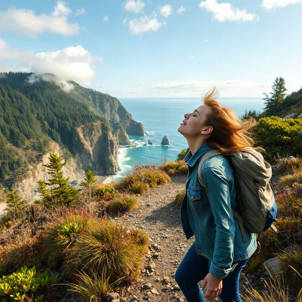 person hiking on a beautiful coastal trail in British
Columbia, breathing deeply, fresh air, active 