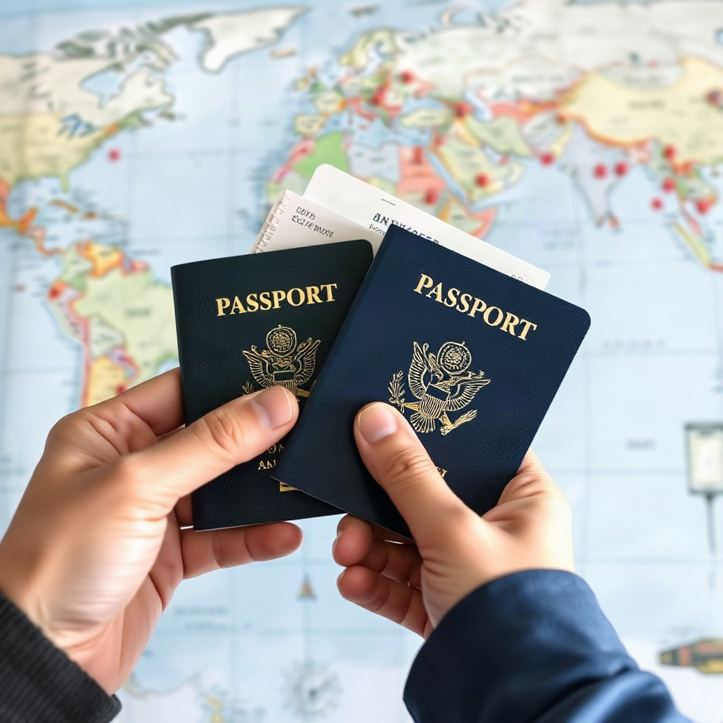 travelers hands holding passports and tickets