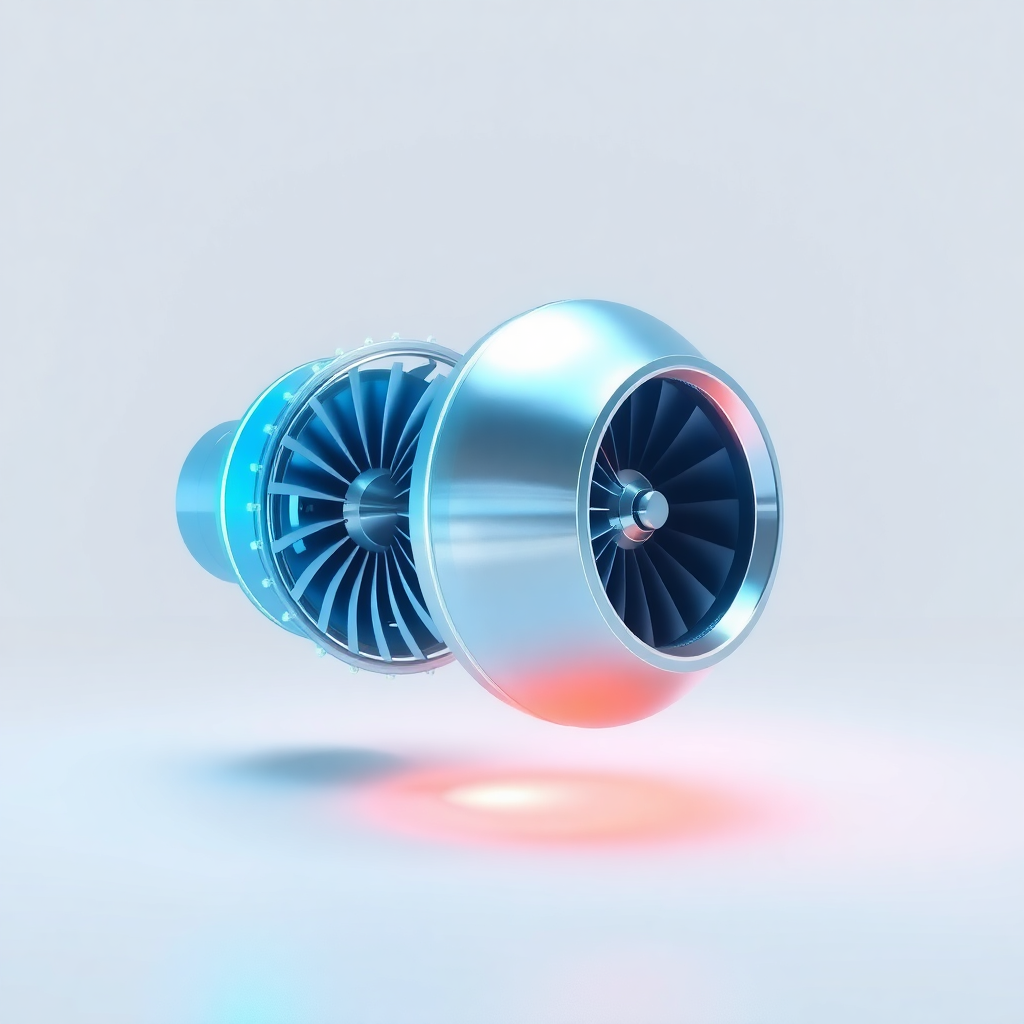 industrial turbine engine 3D holographic render floating in clean white environment, cyan and blue l