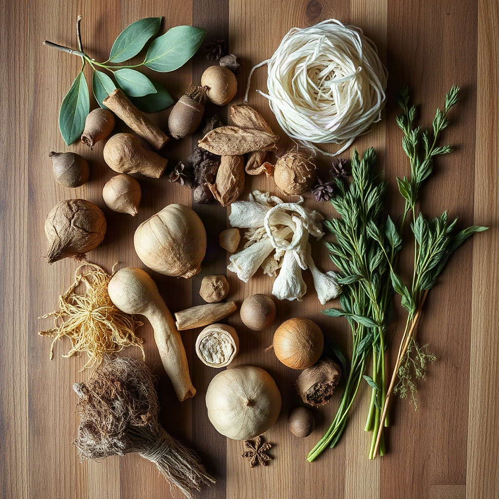 flat lay of natural botanical ingredients, roots, fibers and herbs on a wooden surface, soft natural
