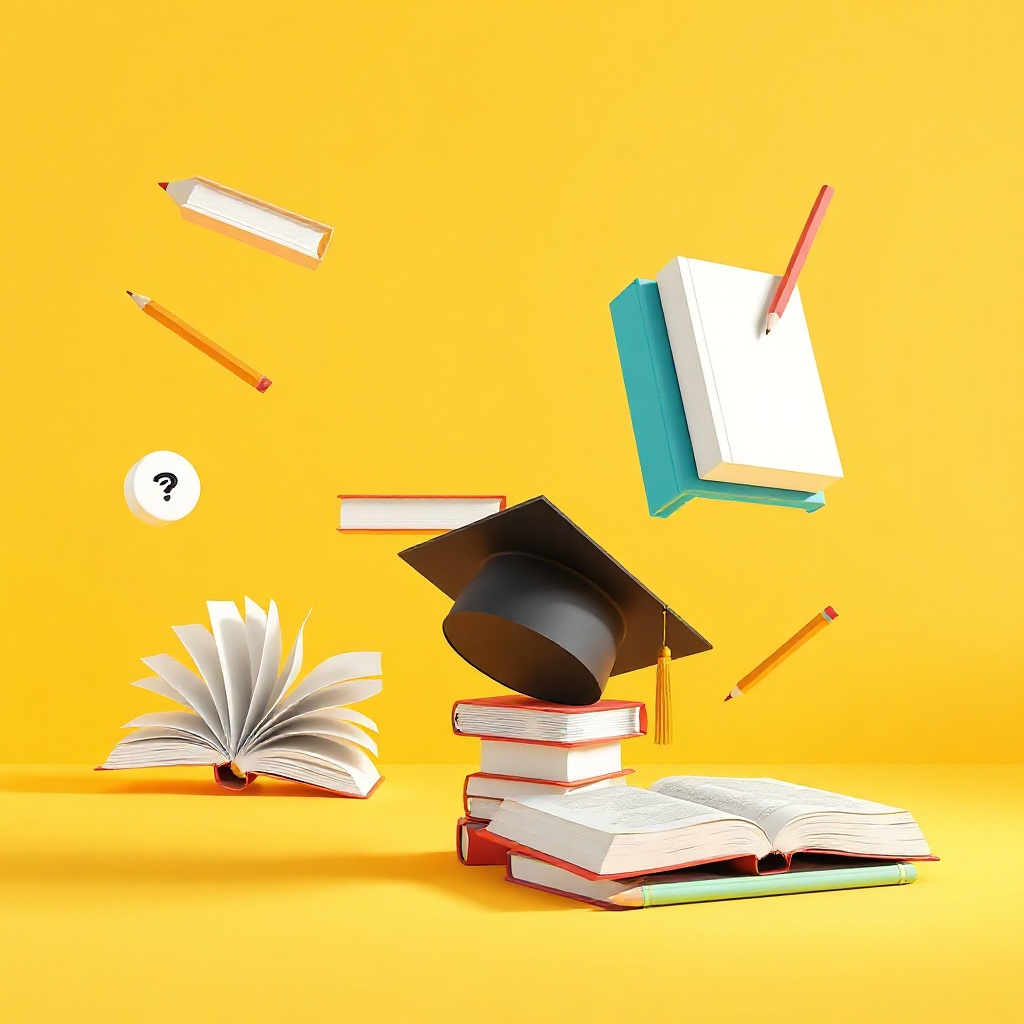 abstract 3d composition of floating books, graduation cap, pencils and stationery items on a bright 
