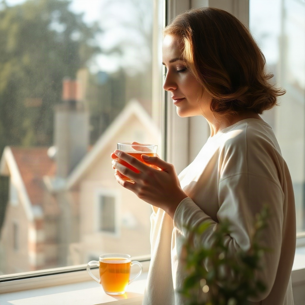 calm moment of reflection, adult with herbal tea by a large window, soft morning light, self-care ro