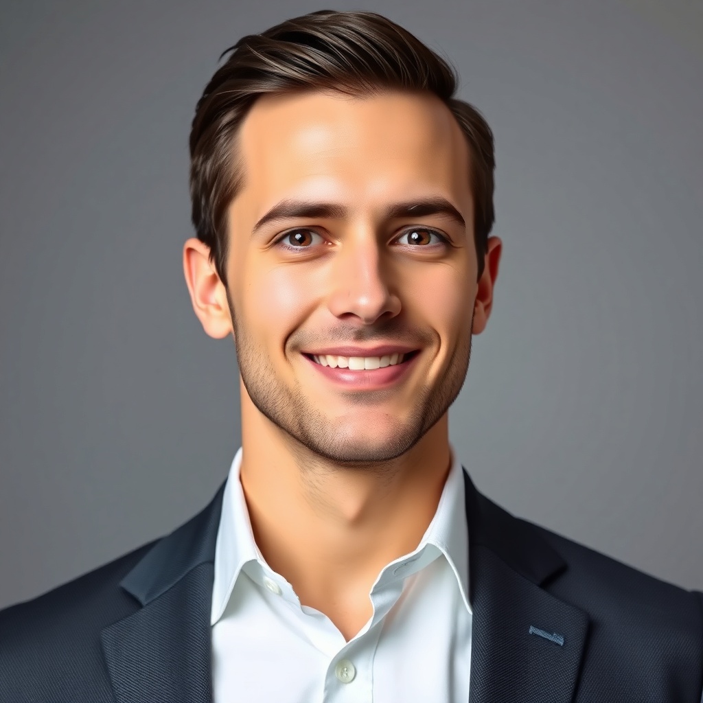 portrait of a confident well-groomed man in his thirties, neutral studio background, professional he