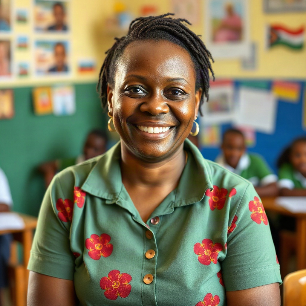 candid portrait of a smiling South African preschool principal in her classroom, warm and proud