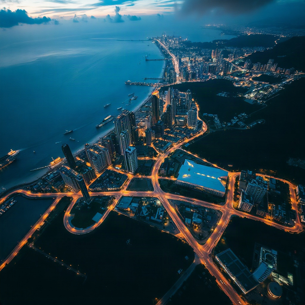 stunning aerial view of a vibrant coastal city at night, glowing lights, urban architecture
