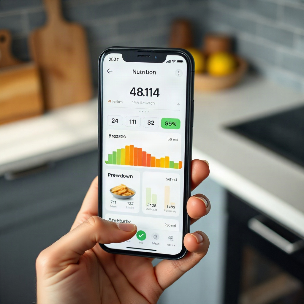 close up of a sleek nutrition tracking mobile app interface showing macro breakdown, held in hand ov