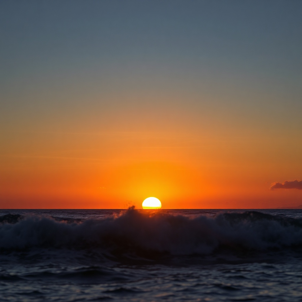 stunning sunset over the ocean at Maresias, sun touching the horizon, orange and golden sky transiti