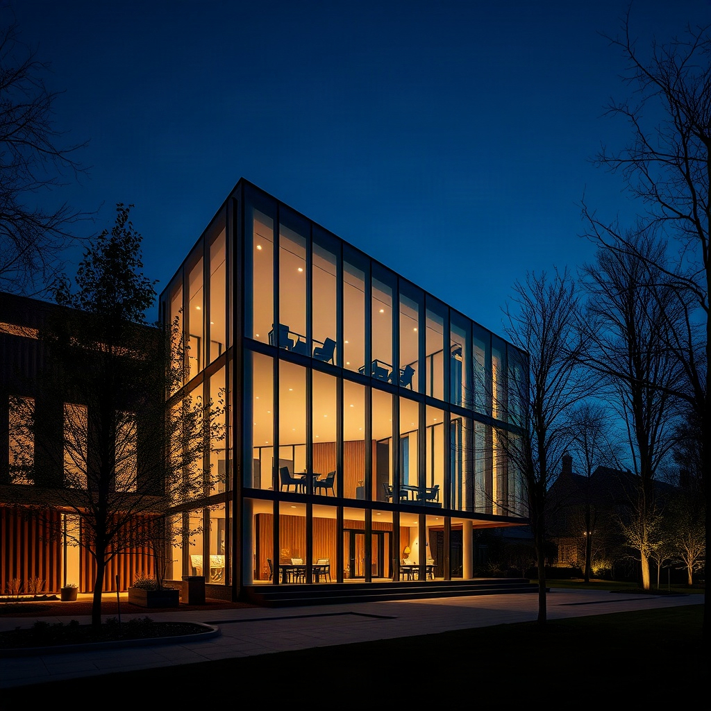 modern architectural masterpiece at night, glowing glass facade, sustainable timber structure, warm 