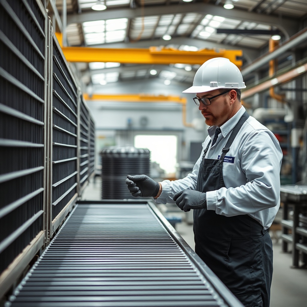 quality control engineer inspecting metal grill components, bright industrial workshop, precise tool