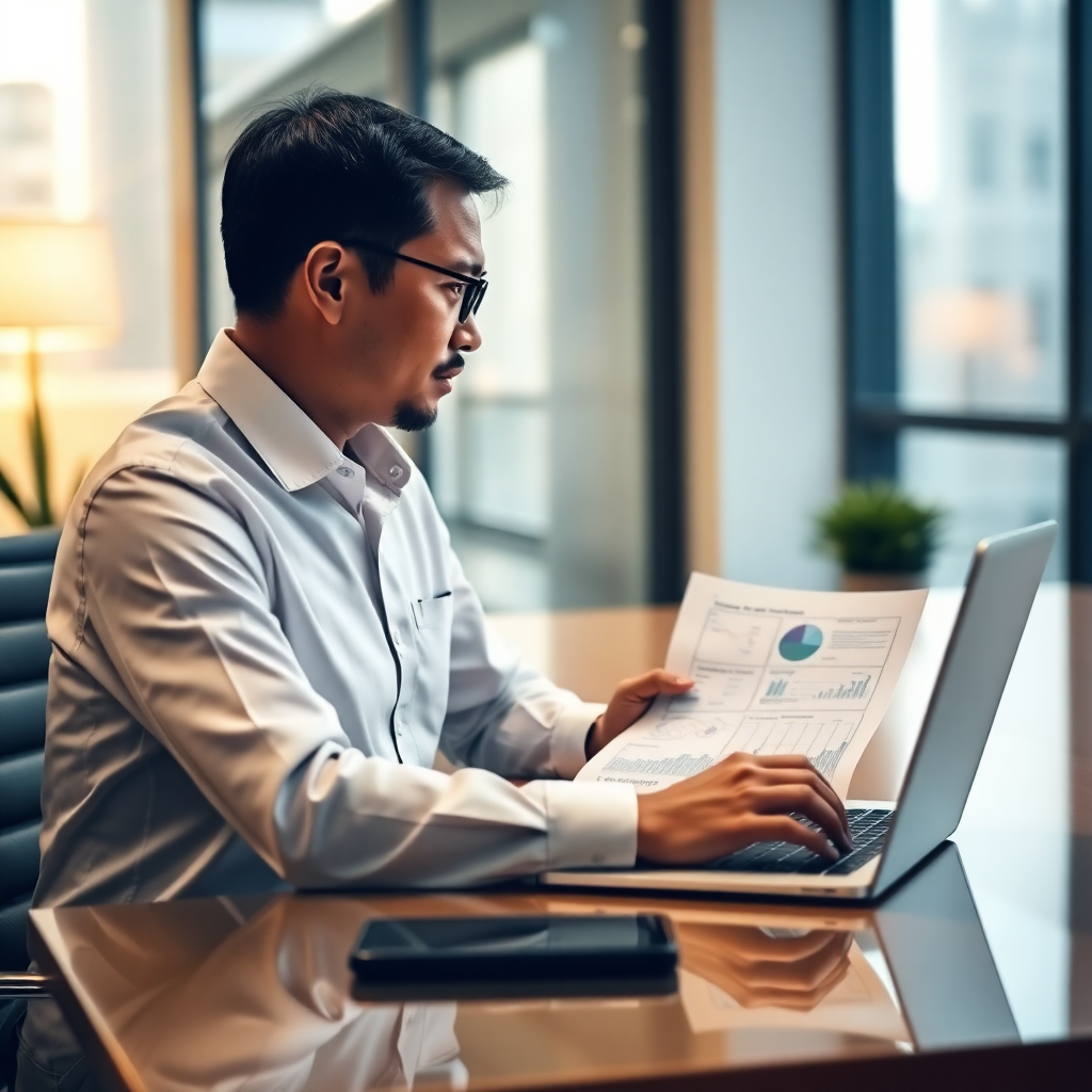 Malaysian accountant working on financial reports