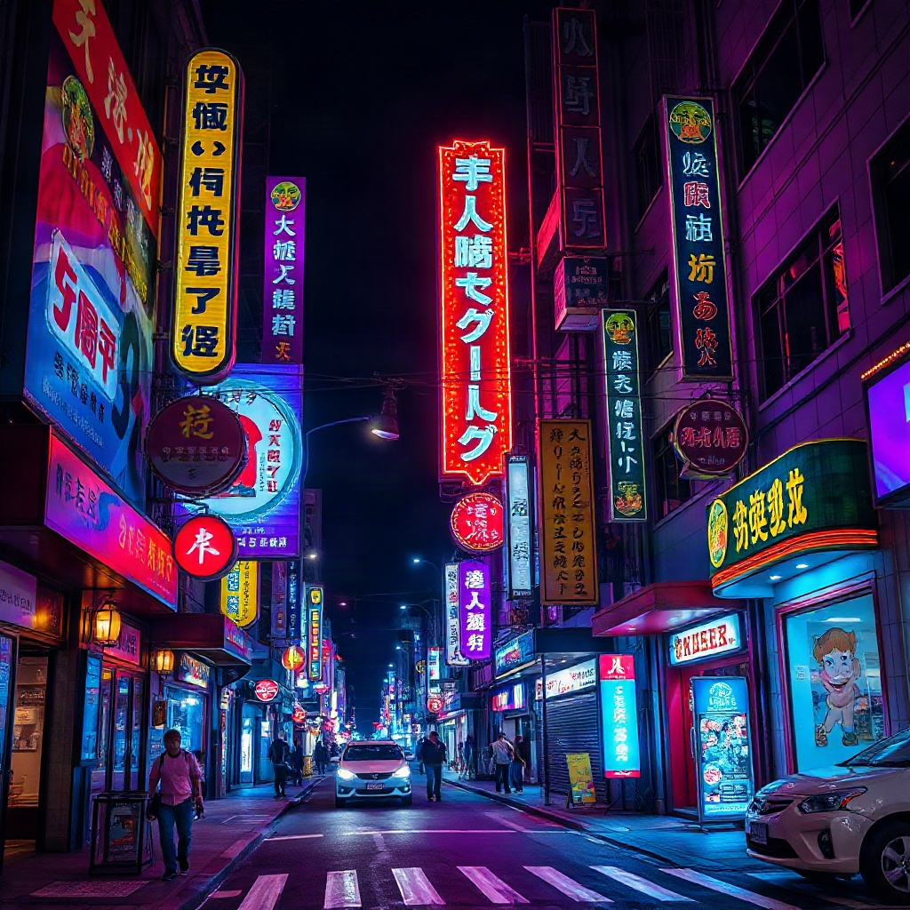 vibrant city street at night, neon lights
