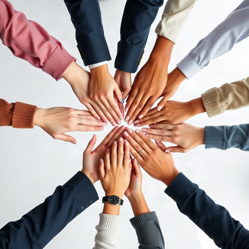 diverse team hands joining together for a collaboration photo, minimalist clean background