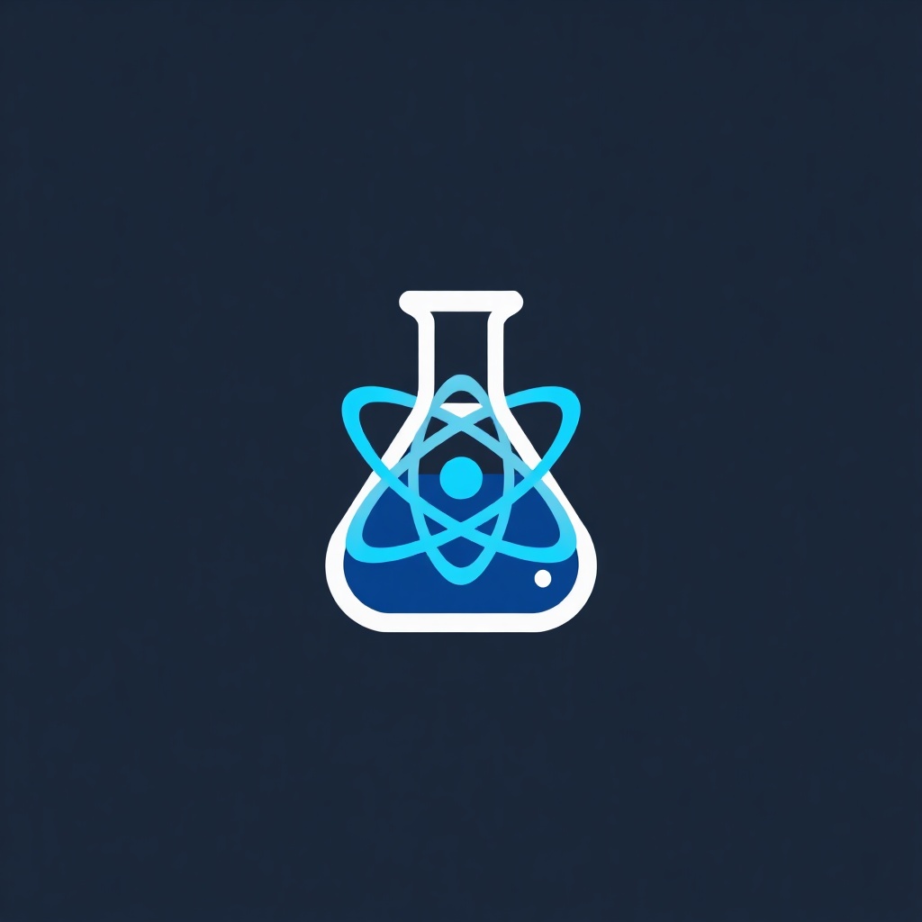 Abstract 3D icon of a beaker and atom symbol, electric blue and white, dark background, minimal