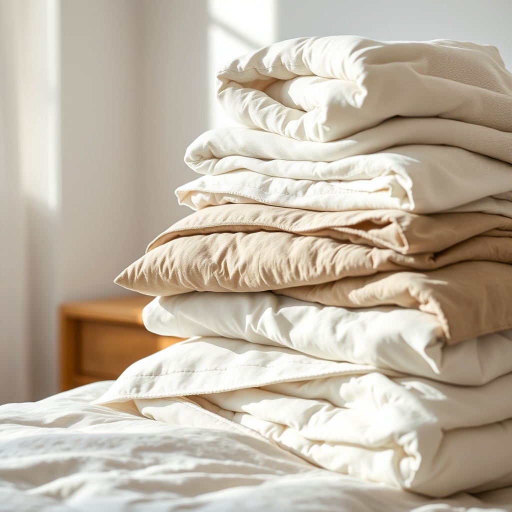A stack of folded organic cotton blankets in a neutral bedroom, soft morning light, focus on texture