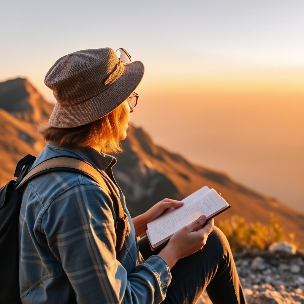 solo traveler writing in journal at mountain viewpoint, warm golden hour light, travel lifestyle documentary