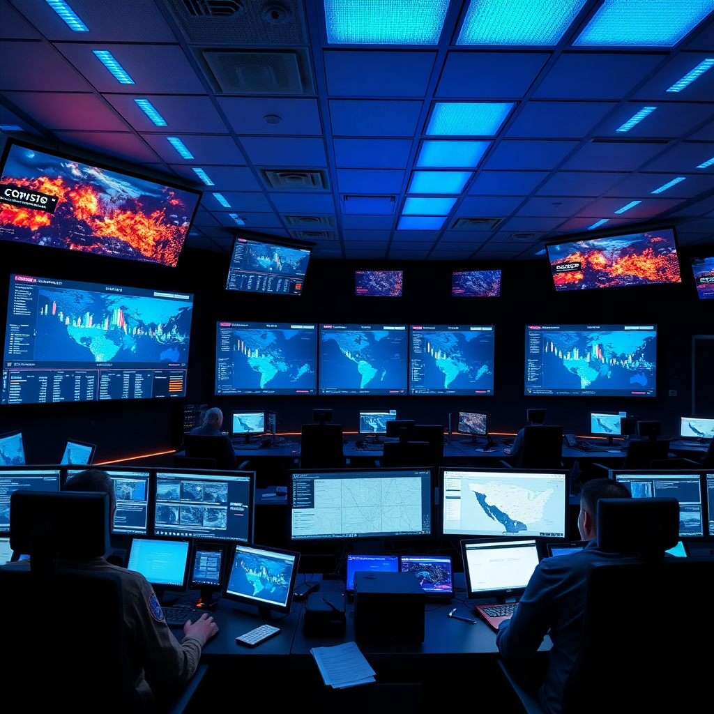 modern emergency operations center with multiple screens showing crisis data dashboards, operators a