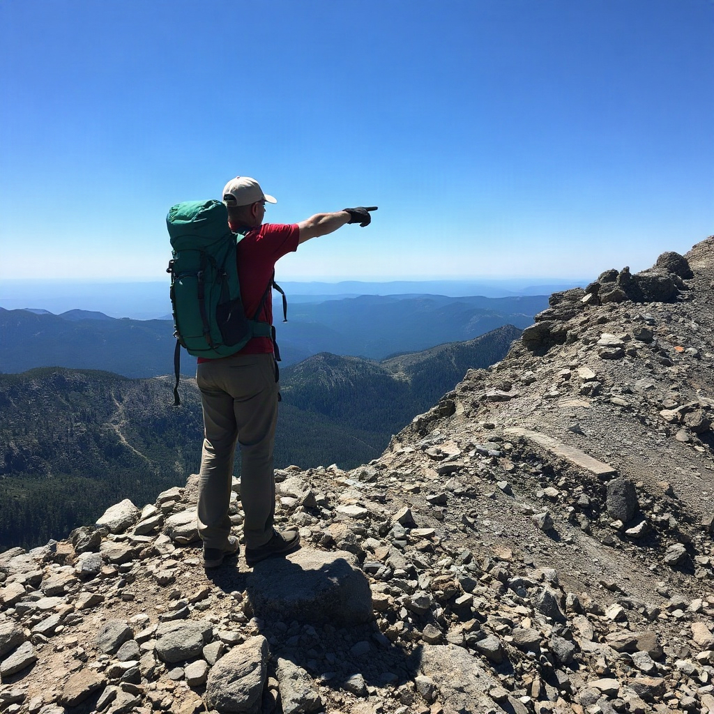 hiker on a rocky ridge pointing towards a distant peak, adventure planning, rugged terrain