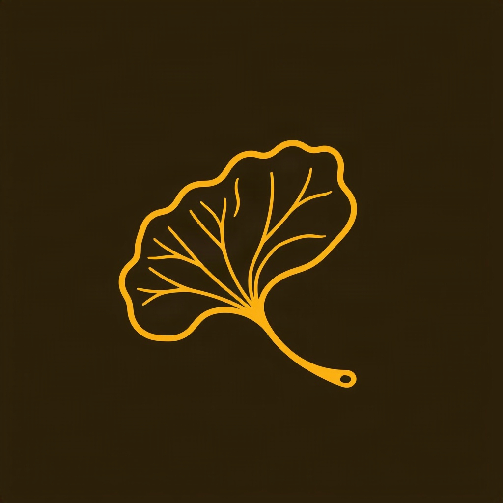 minimalist line-art icon illustration of a ginkgo biloba leaf, gold and brown tones, supplement ingr