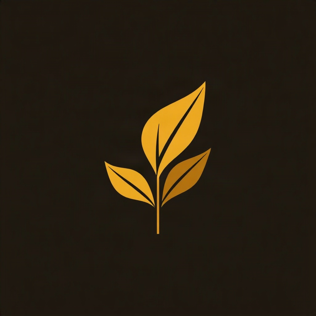 minimalist line-art icon illustration of a botanical leaf plant, gold and brown tones, supplement in