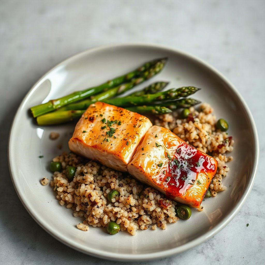 plated miso glazed salmon fillet with roasted asparagus and quinoa on a neutral stoneware plate, bri