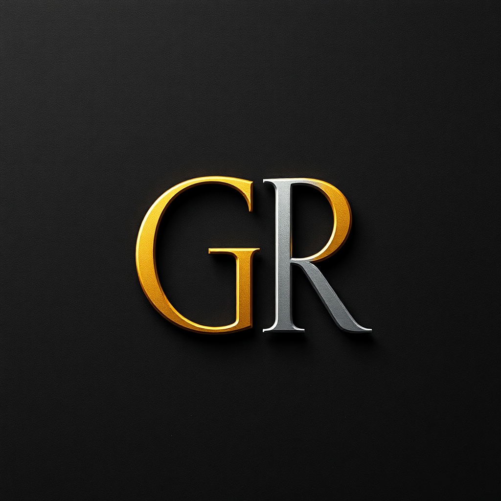 luxury metallic gold and silver 'GR' monogram logo on a deep charcoal textured paper background, ele