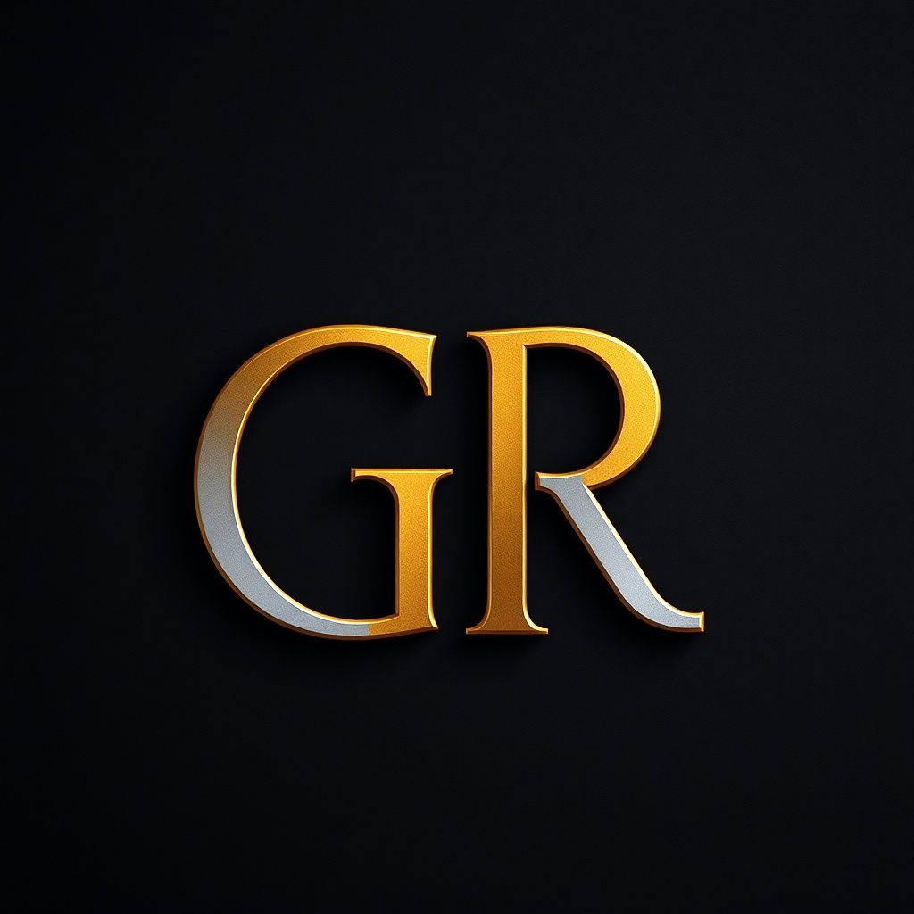 luxury metallic gold and silver 'GR' monogram logo on a deep charcoal textured background, elegant p