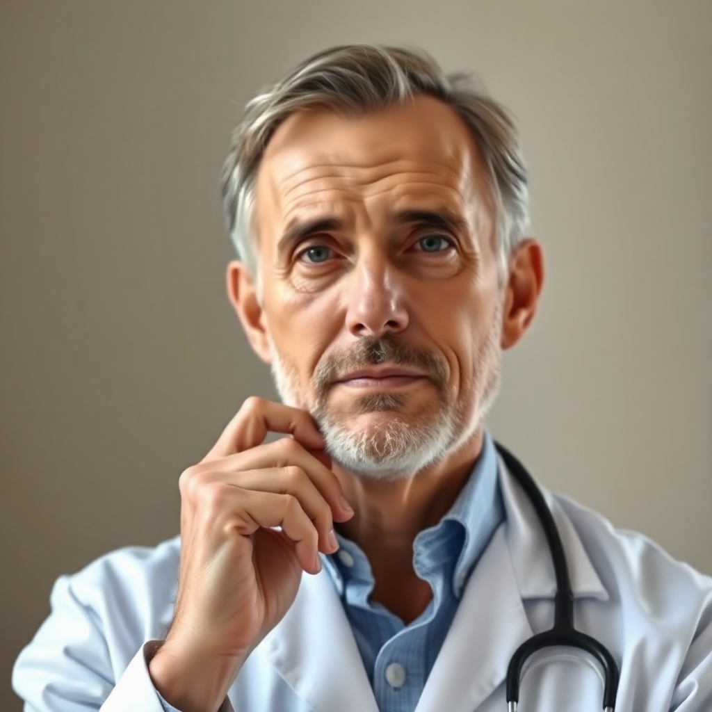 professional portrait of a thoughtful male psychiatrist in his fifties, calm expression, soft natura