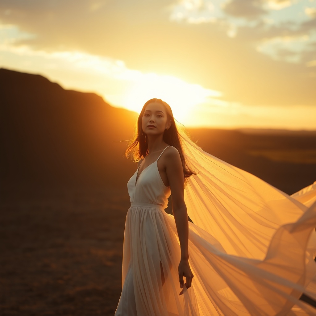 aesthetic fashion photography of a model in a white dress, sunset lighting, soft glow
