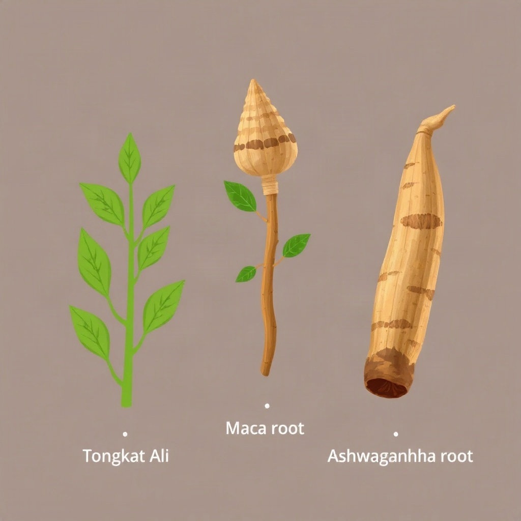 Illustrative graphic distinguishing Tongkat Ali root, Maca root, and Ashwagandha root side by side,