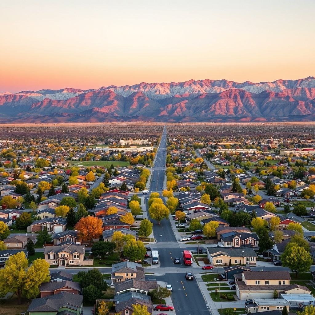 Clearfield Utah neighborhood aerial view with mountains in background, small town community, warm go