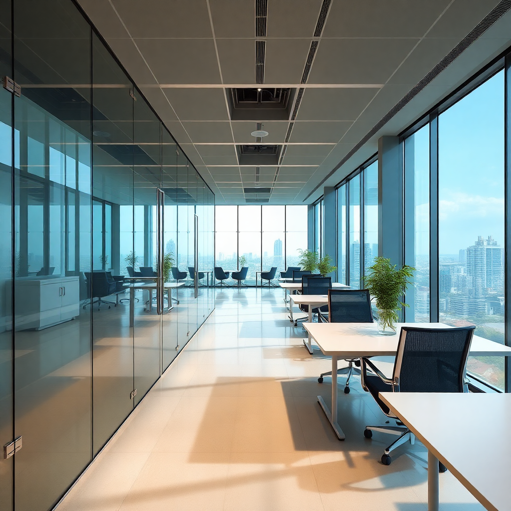 modern clean corporate glass office interior Kuala Lumpur Malaysia, professional workspace, soft day