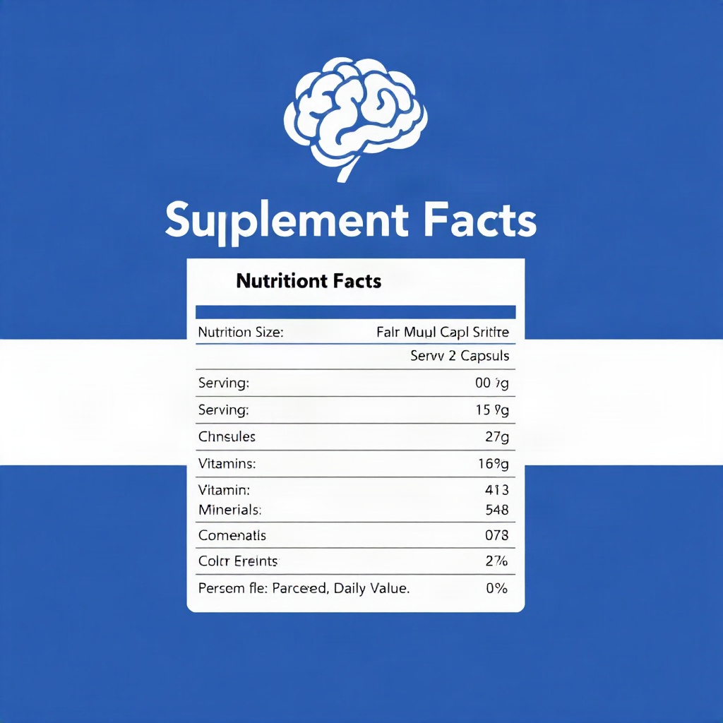 clean supplement facts nutrition label template, blue background header with brain supplement brandi