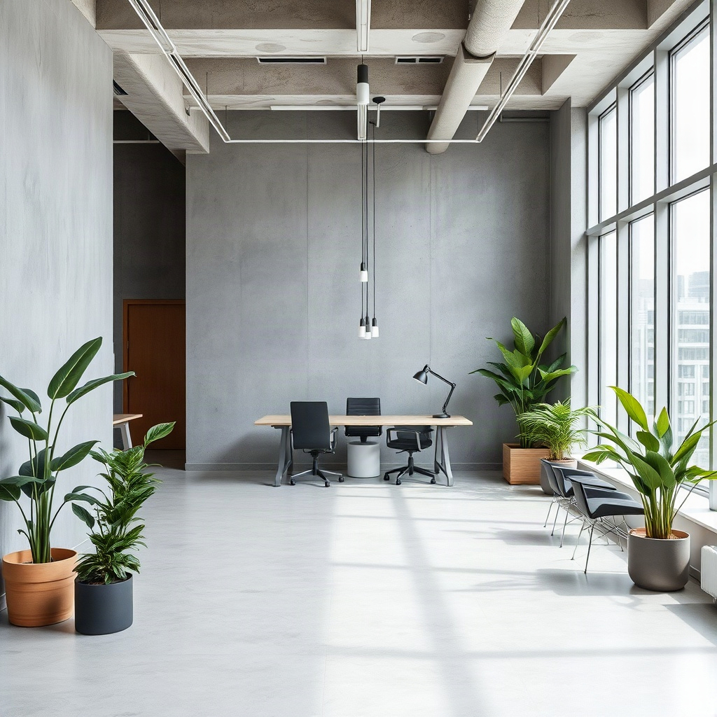 minimalist modern tech office interior with concrete walls and plants, soft daylight, architectural 