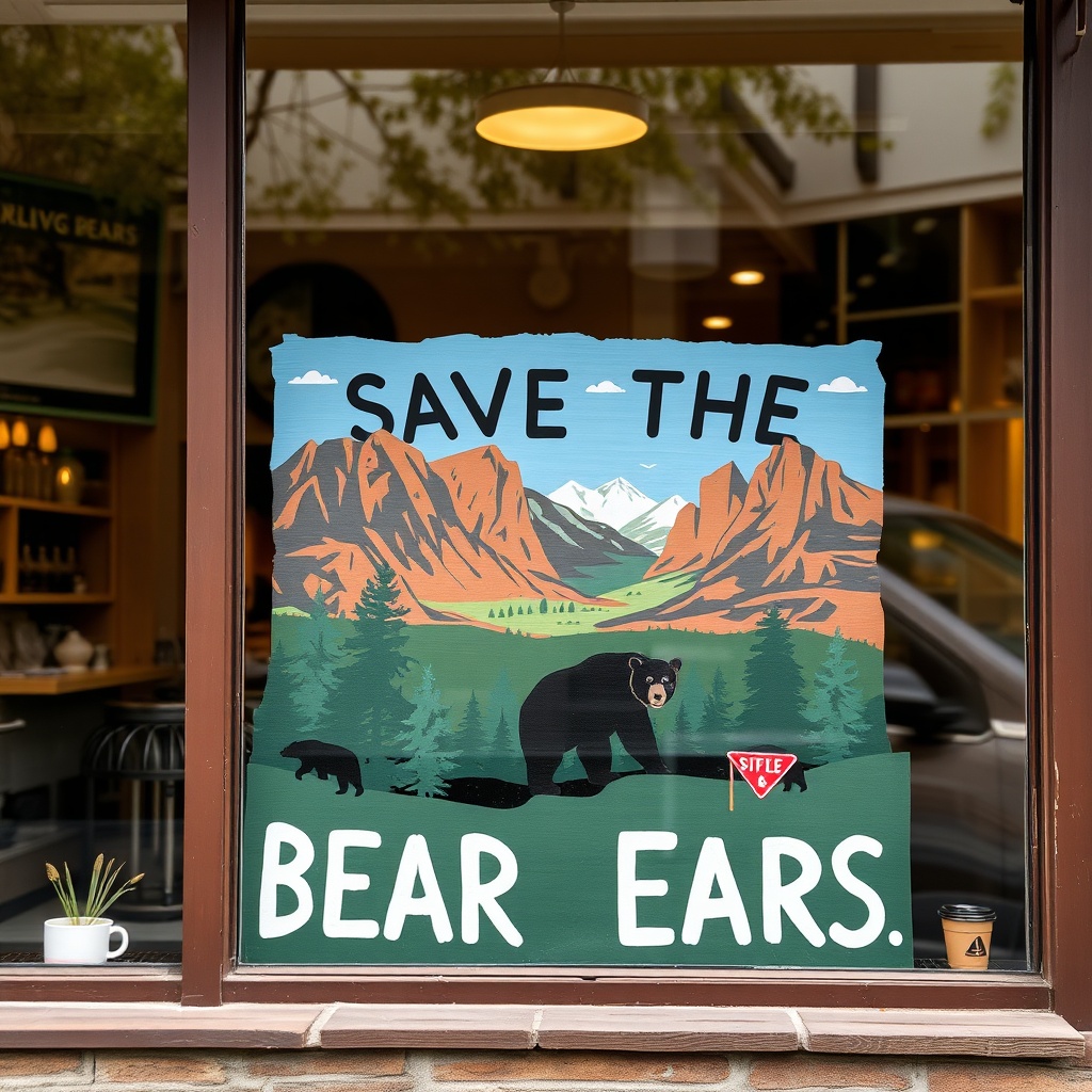coffee shop window art Save the Bears Ears Utah public lands protection advocacy painted sign