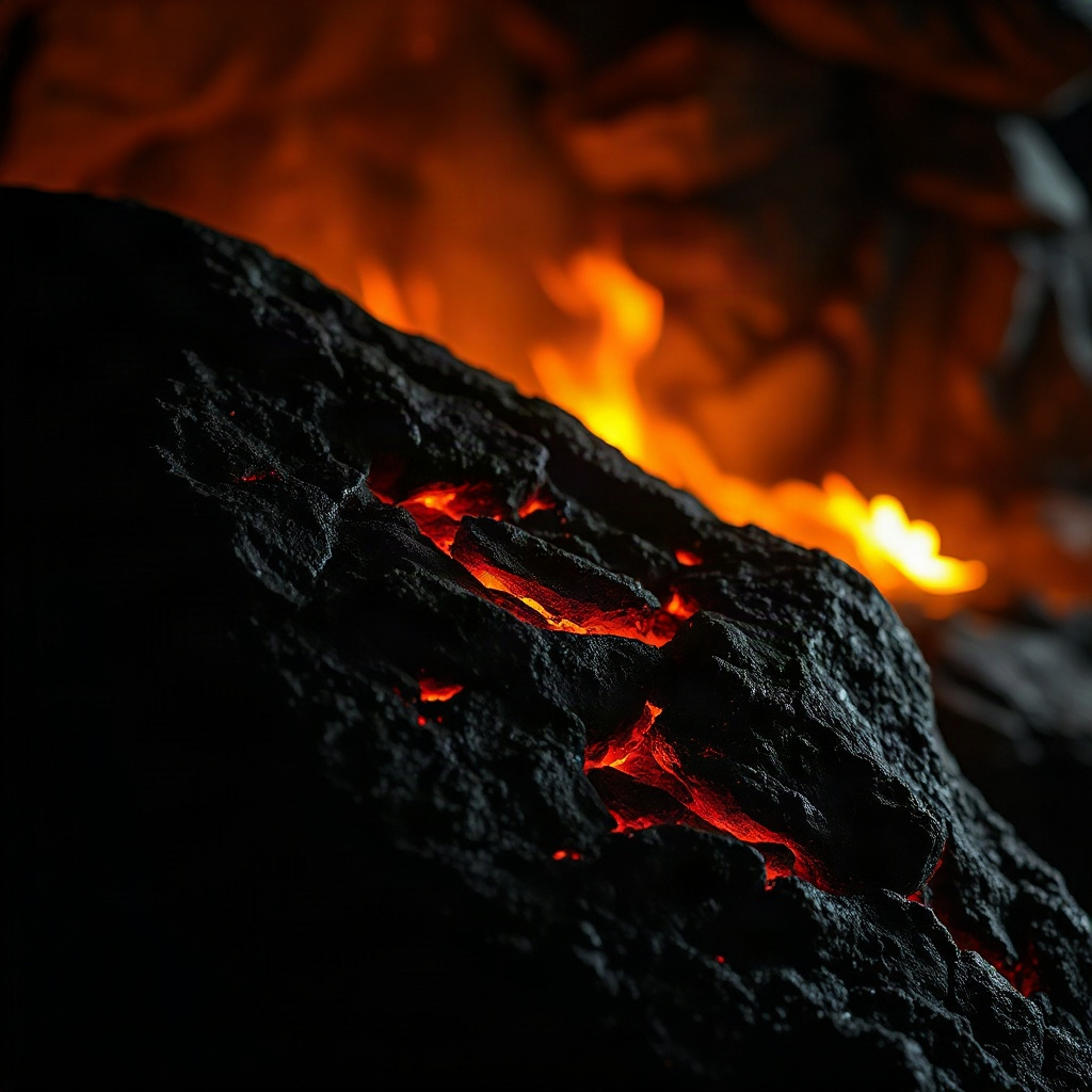 warm cinematic photo of ancient dark stone heated by firelight at night, glowing ember light on text