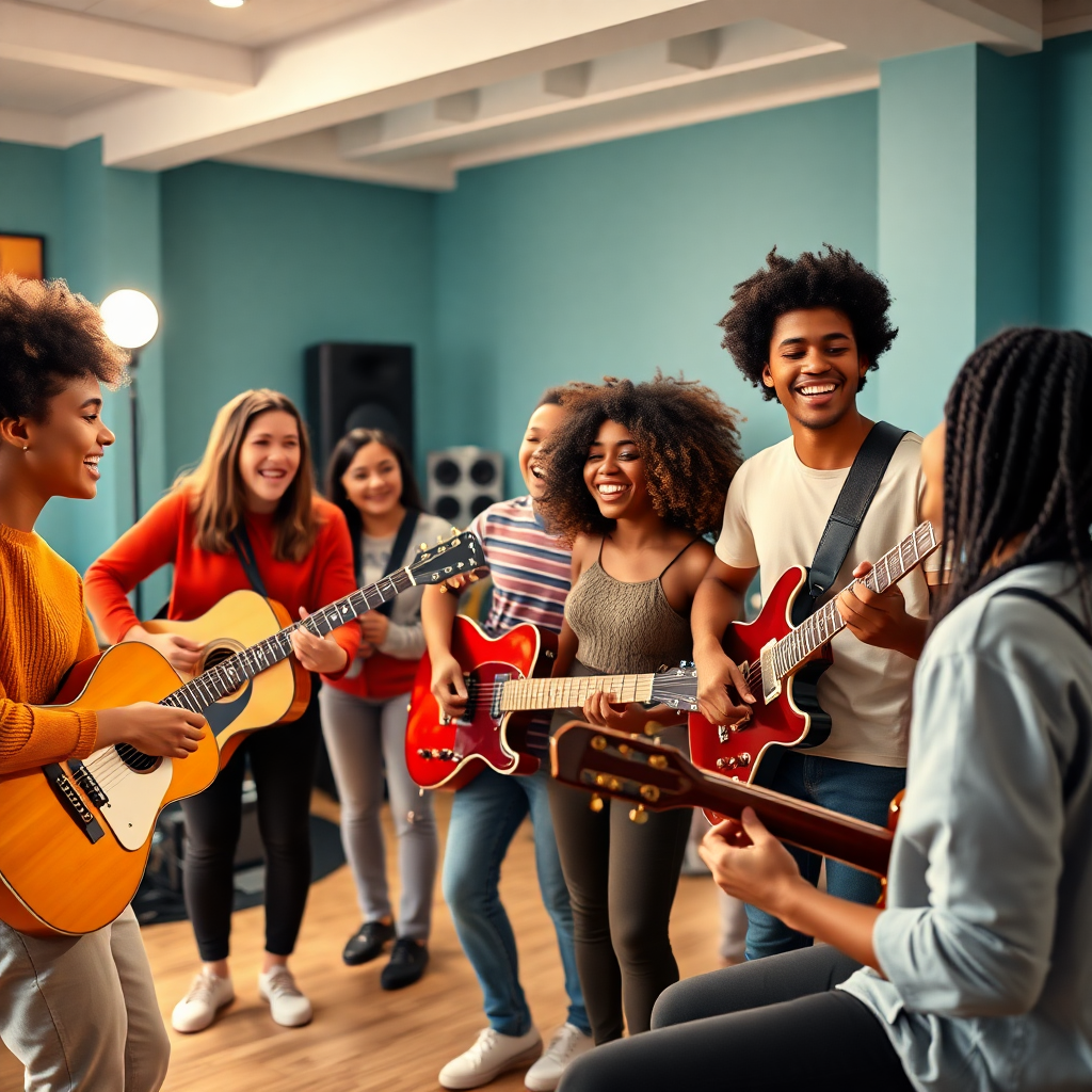 diverse young people making music together in a bright inclusive studio, laughing, instruments, warm