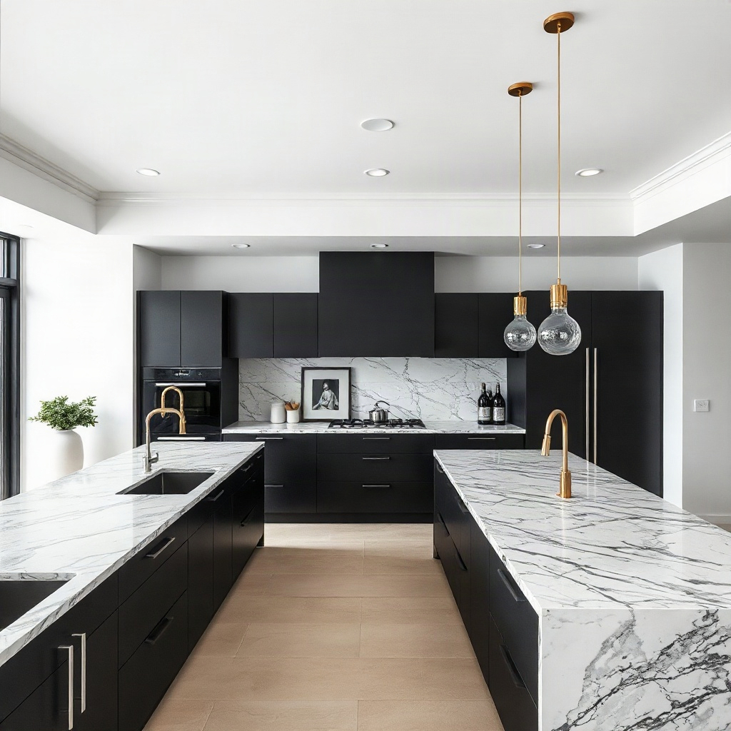 large modern kitchen with marble island, dark cabinets, pendant lights, minimalist luxury interior,