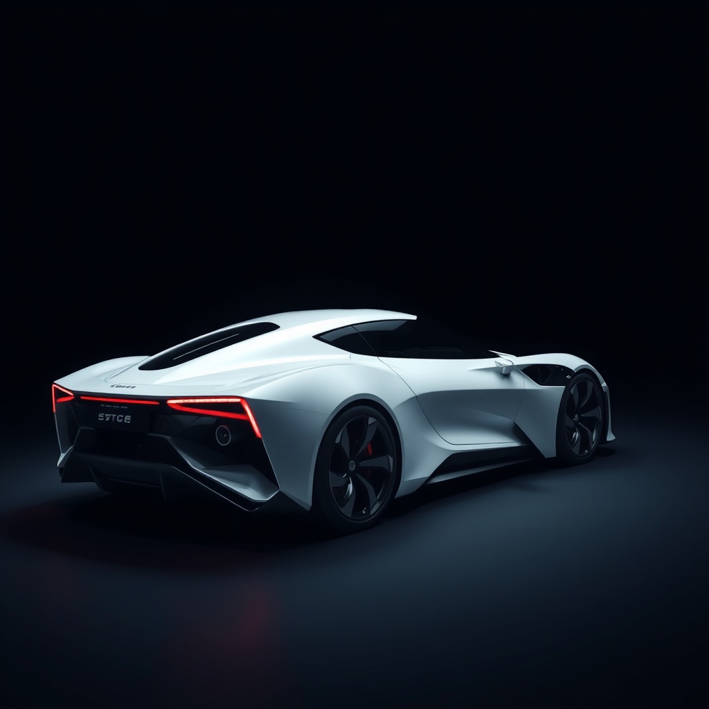 dark studio shot of a white electric hypercar futuristic aerodynamic shape side view, premium automo