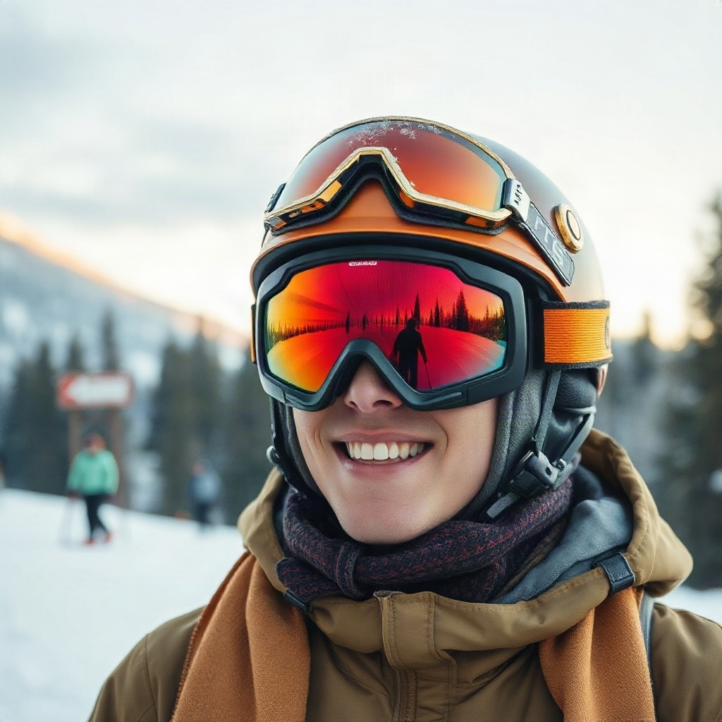 traveler with ski goggles and helmet, snowy background