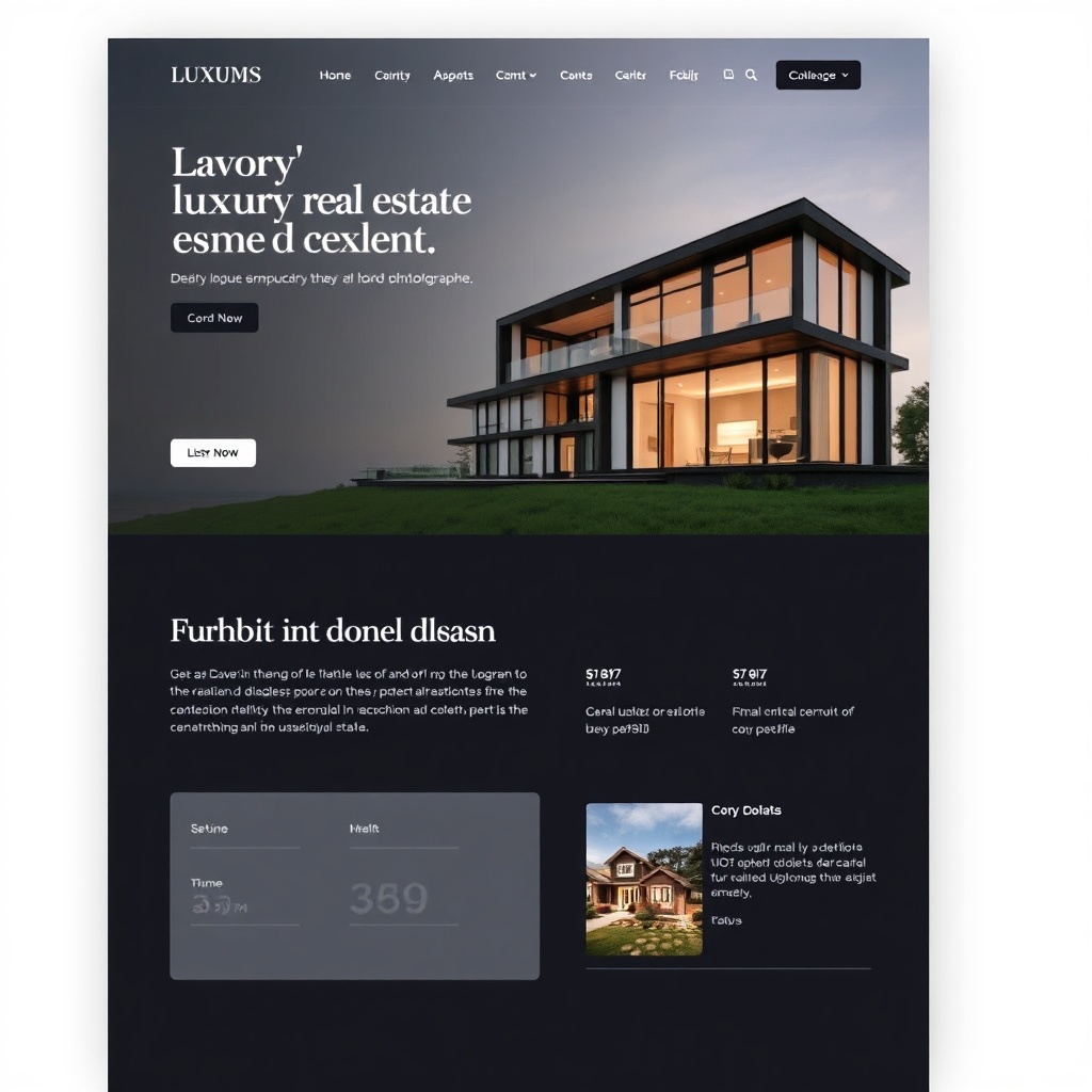 luxury real estate landing page, high-quality architectural photography, elegant dark UI, sophistica