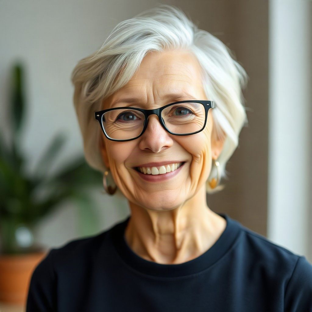 portrait of a smiling older woman in her 60s, glasses, warm
expression, soft natural light, professi