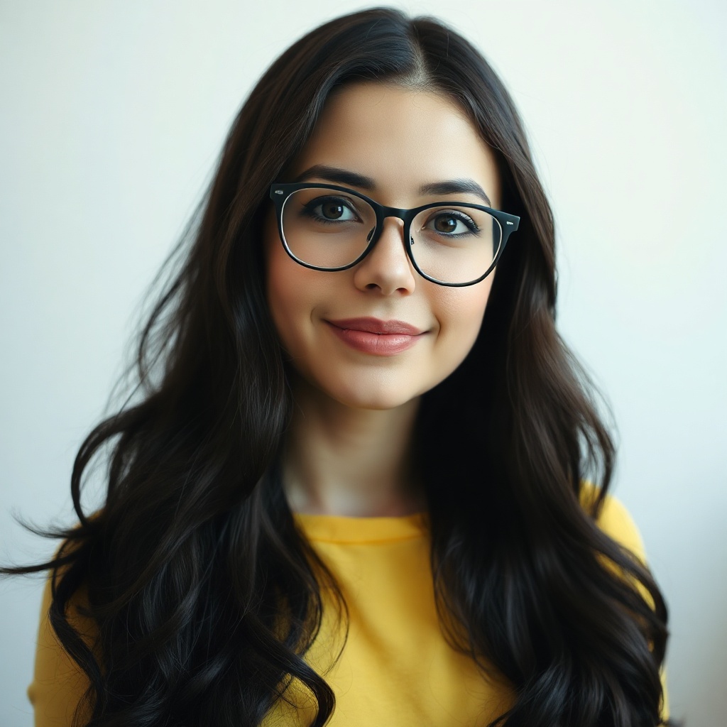 portrait of a woman with dark hair and glasses wearing a yellow top, artist aesthetic, soft natural 