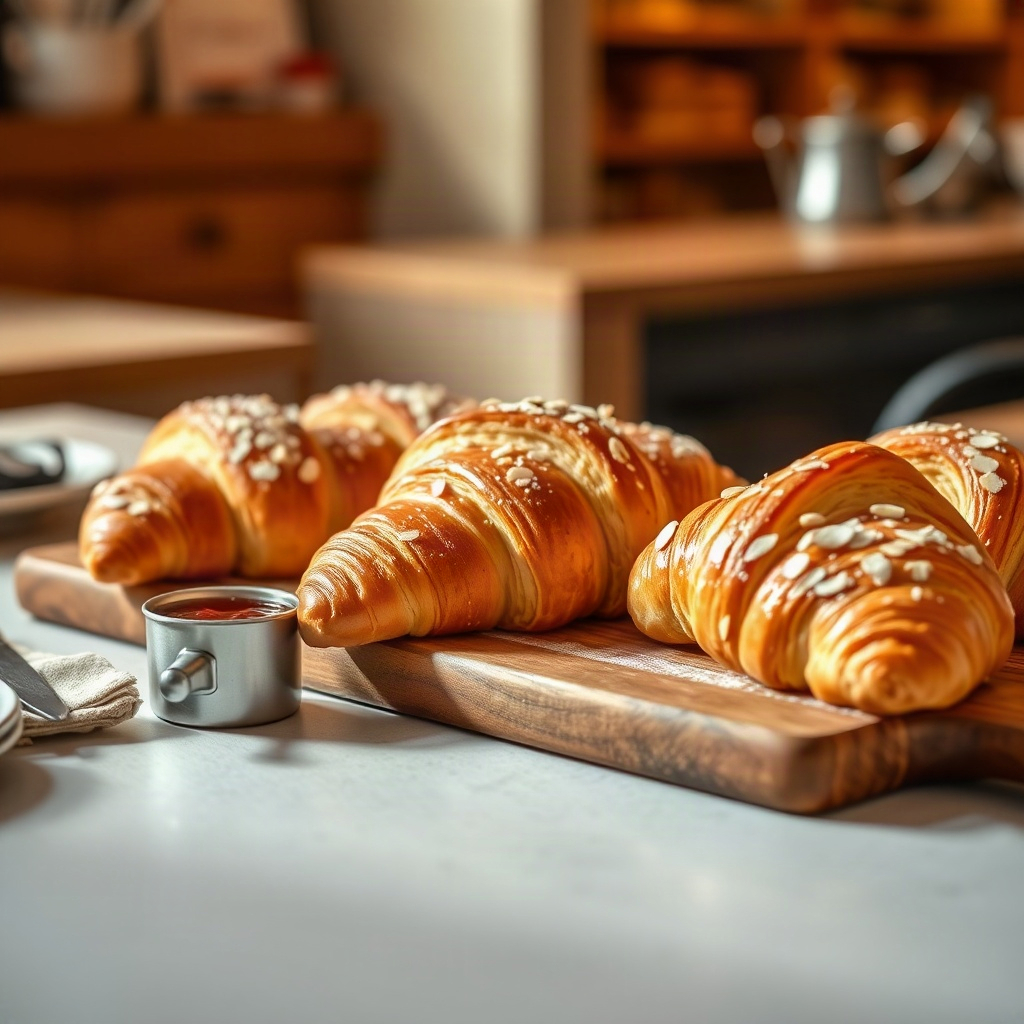 Freshly baked croissants and almond danish pastries on a wooden board with jam