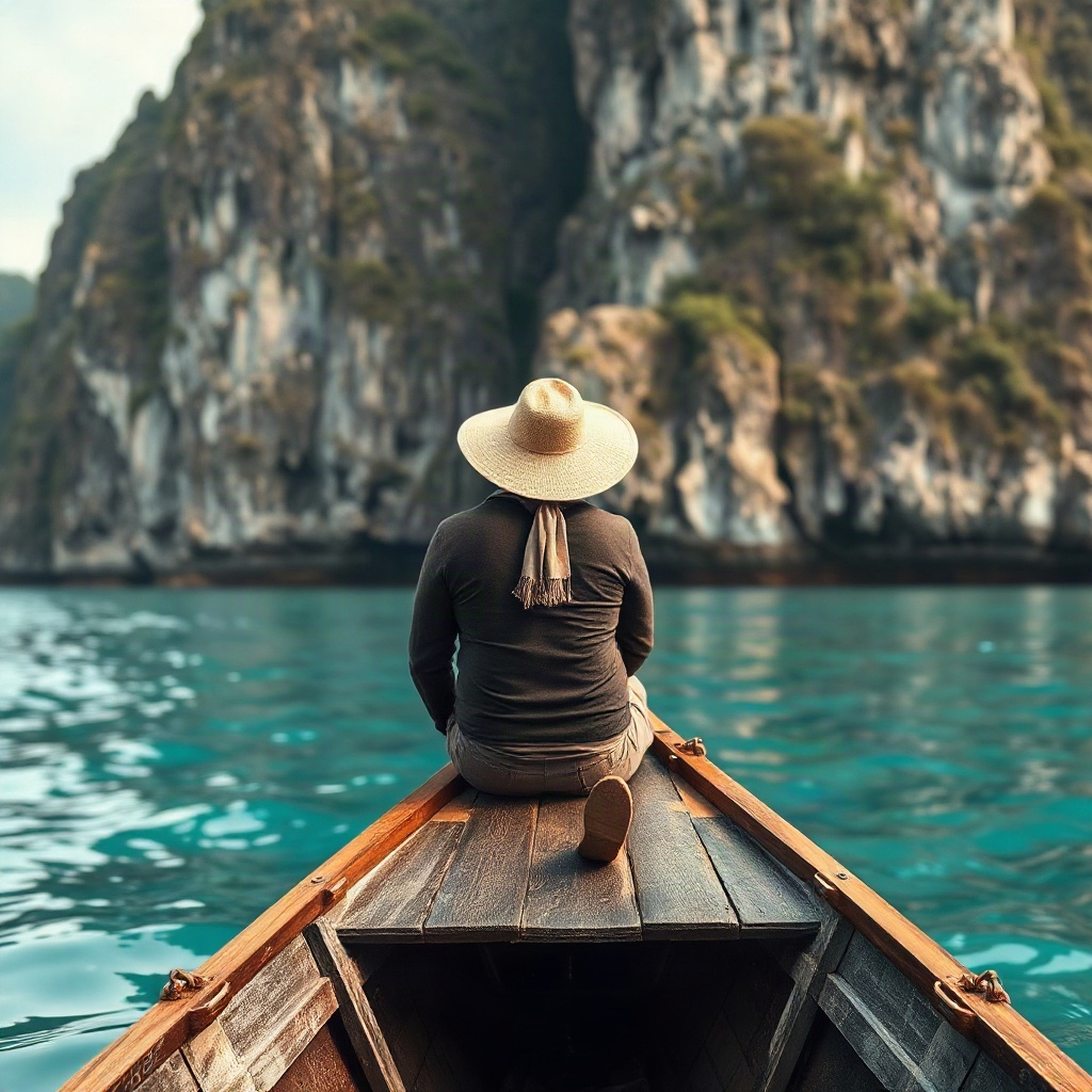 man in a straw hat sitting on the back of a wooden longtail boat on turquoise ocean, limestone cliff